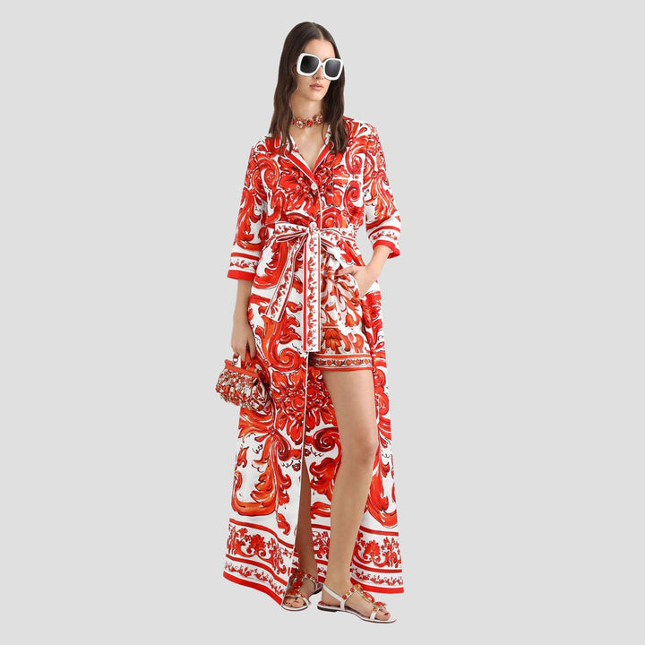 Majolica Print Silk Robe Coat