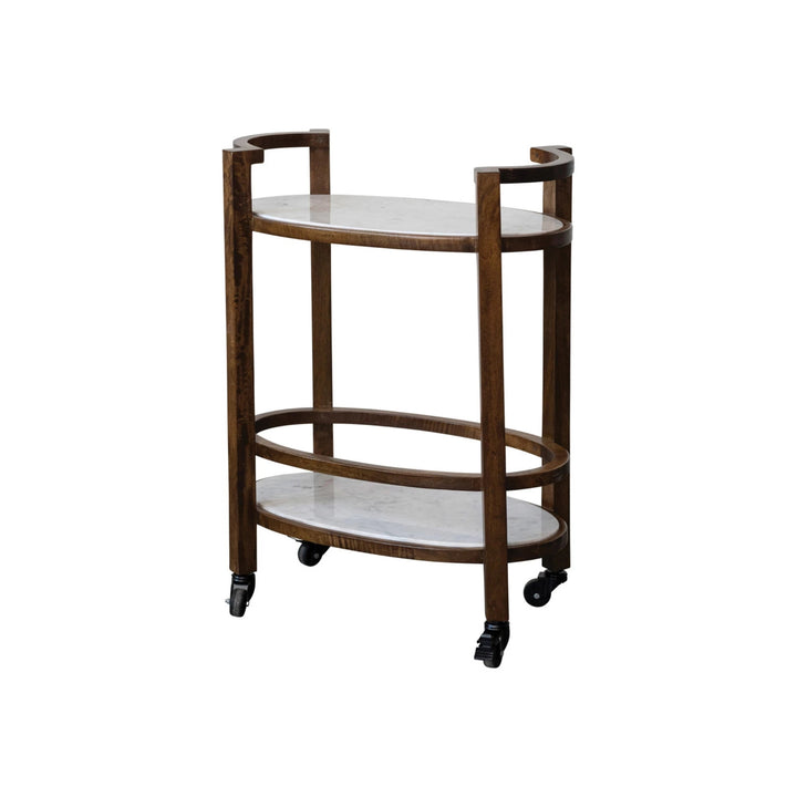 Mango Wood 2-Tier Bar Cart on Casters with Marble Shelves