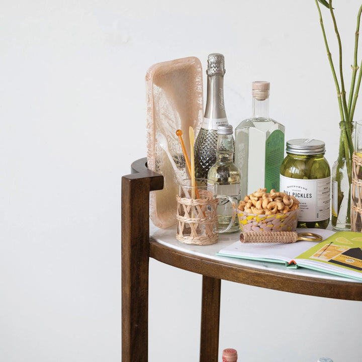 Mango Wood 2-Tier Bar Cart on Casters with Marble Shelves