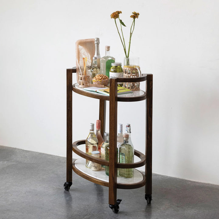 Mango Wood 2-Tier Bar Cart on Casters with Marble Shelves