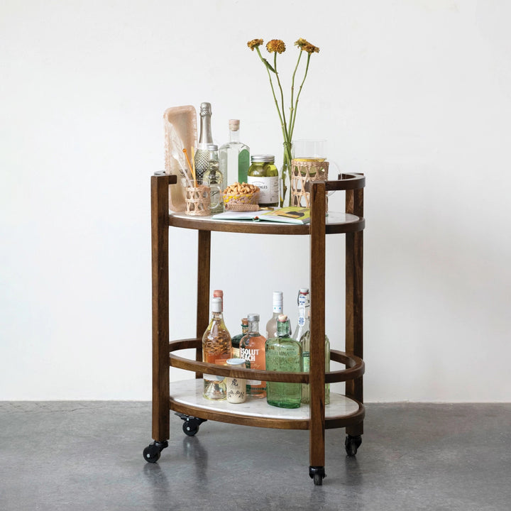 Mango Wood 2-Tier Bar Cart on Casters with Marble Shelves