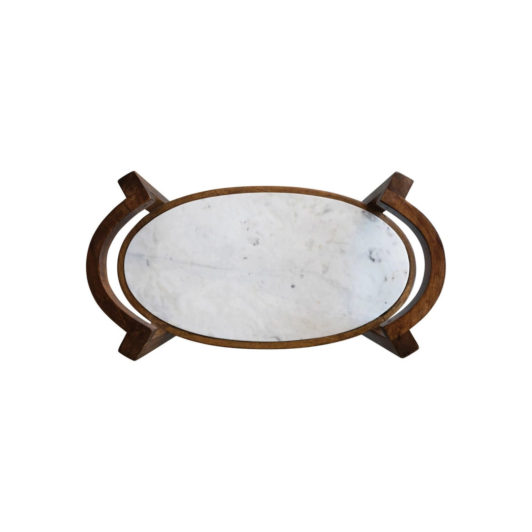 Mango Wood 2-Tier Bar Cart on Casters with Marble Shelves
