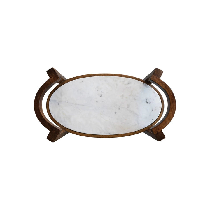 Mango Wood 2-Tier Bar Cart on Casters with Marble Shelves