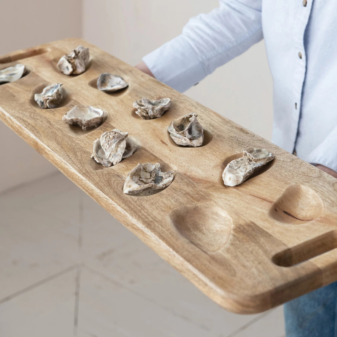 Mango Wood Oyster Serving Board with Handles, Natural