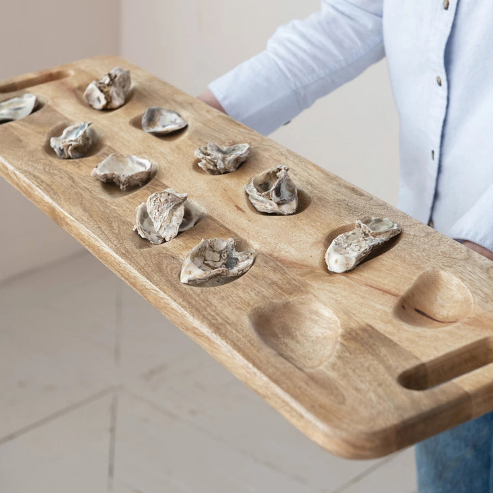 Mango Wood Oyster Serving Board with Handles, Natural