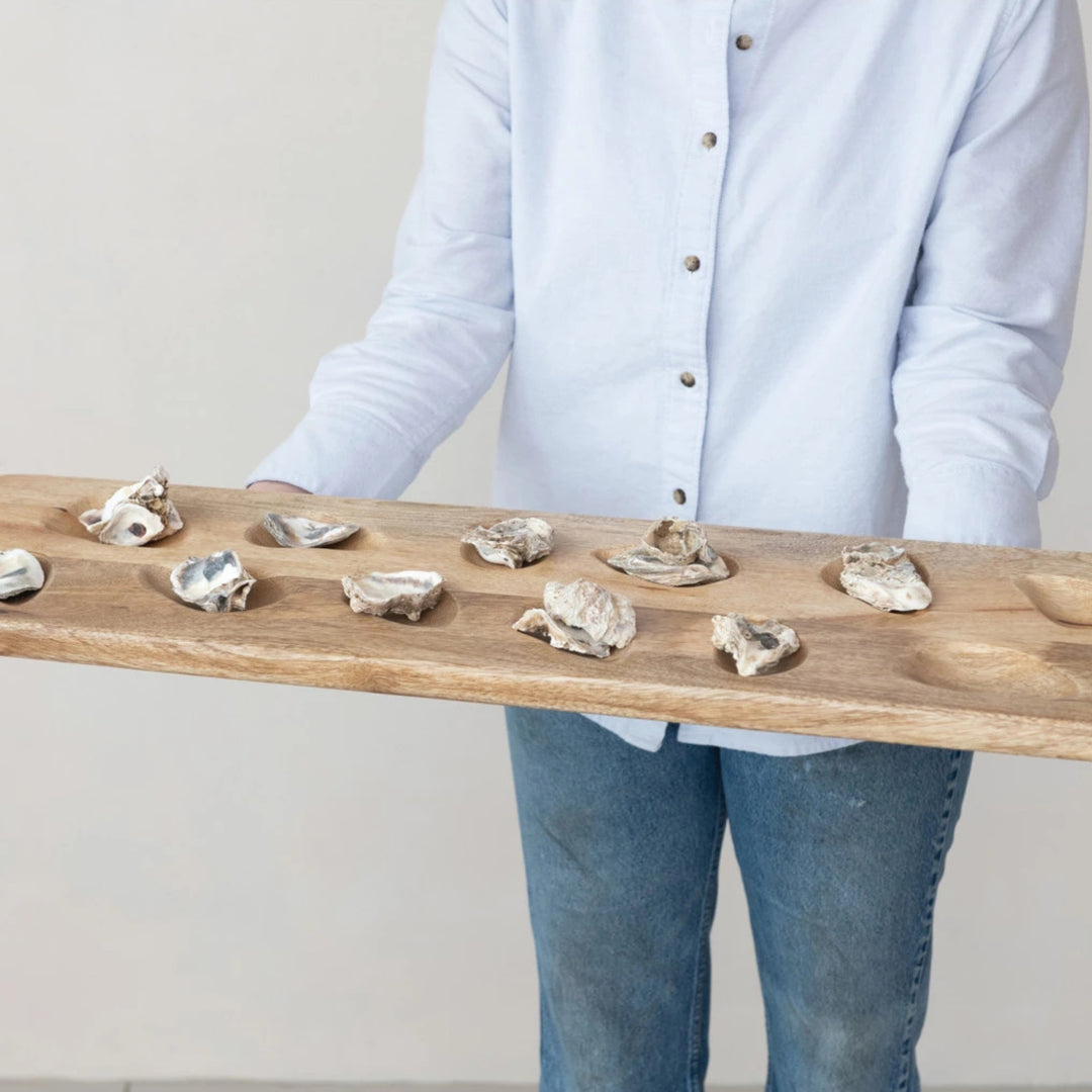 Mango Wood Oyster Serving Board with Handles, Natural
