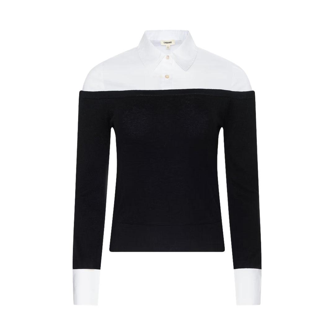 Mathilde Poplin Cuff Collared Pullover in Black/White