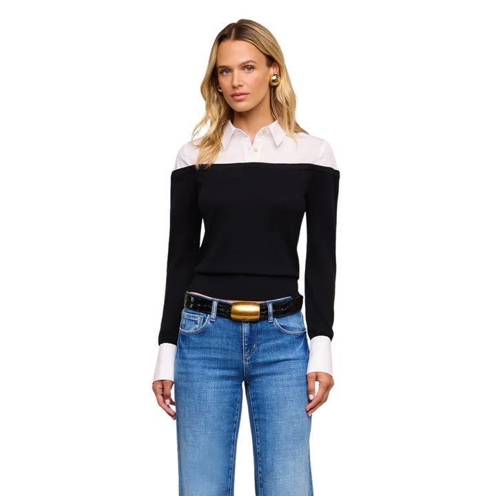 Mathilde Poplin Cuff Collared Pullover in Black/White