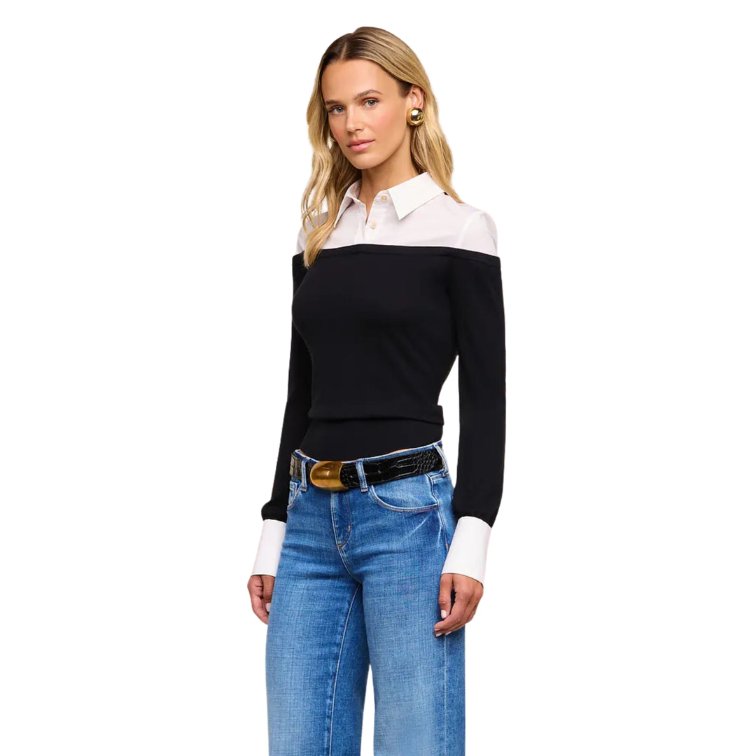 Mathilde Poplin Cuff Collared Pullover in Black/White