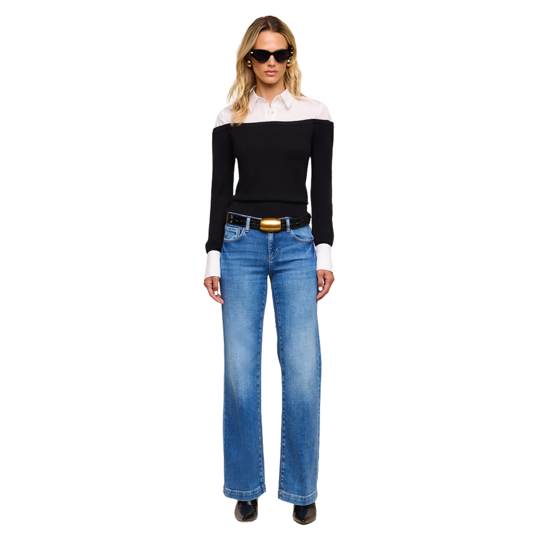 Mathilde Poplin Cuff Collared Pullover in Black/White