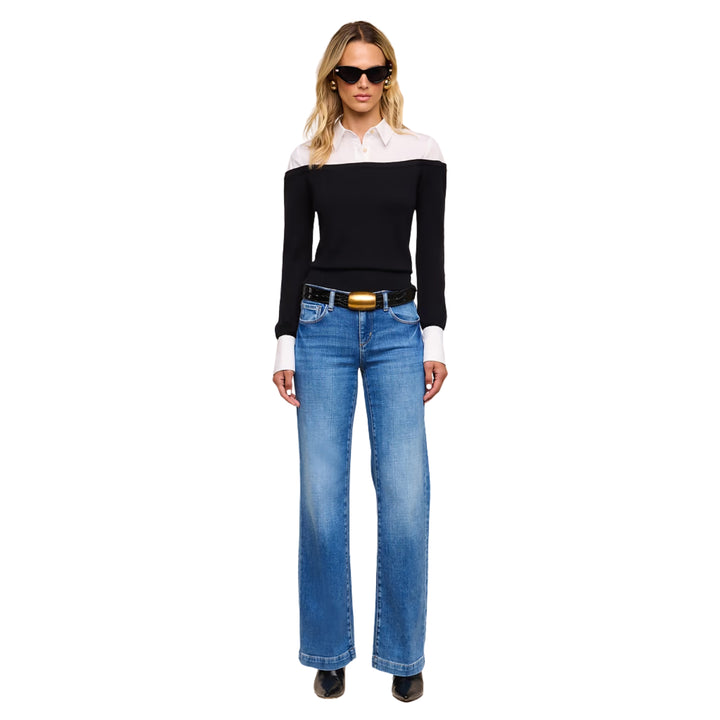 Mathilde Poplin Cuff Collared Pullover in Black/White