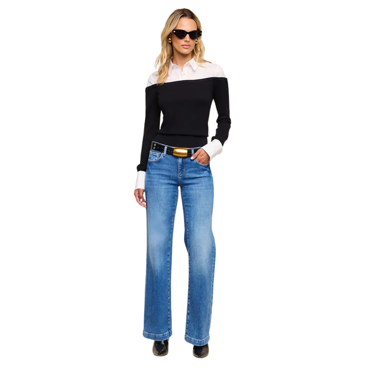Mathilde Poplin Cuff Collared Pullover in Black/White