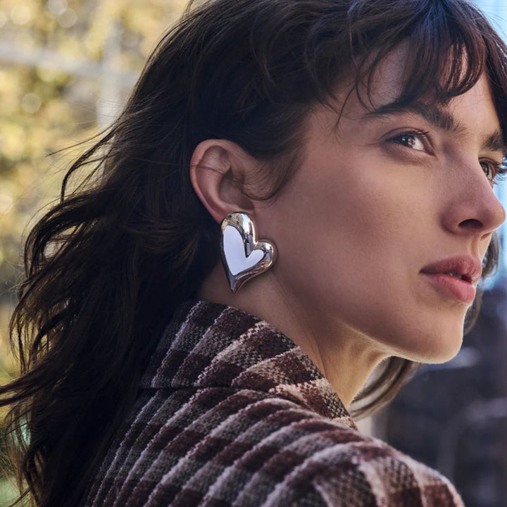 Mega Art Heart Button Earrings - Silver