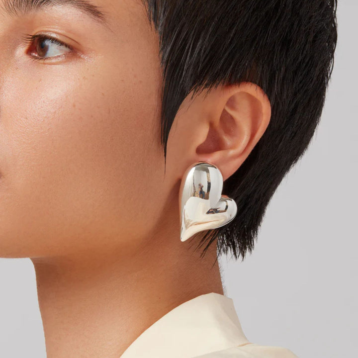 Mega Art Heart Button Earrings - Silver