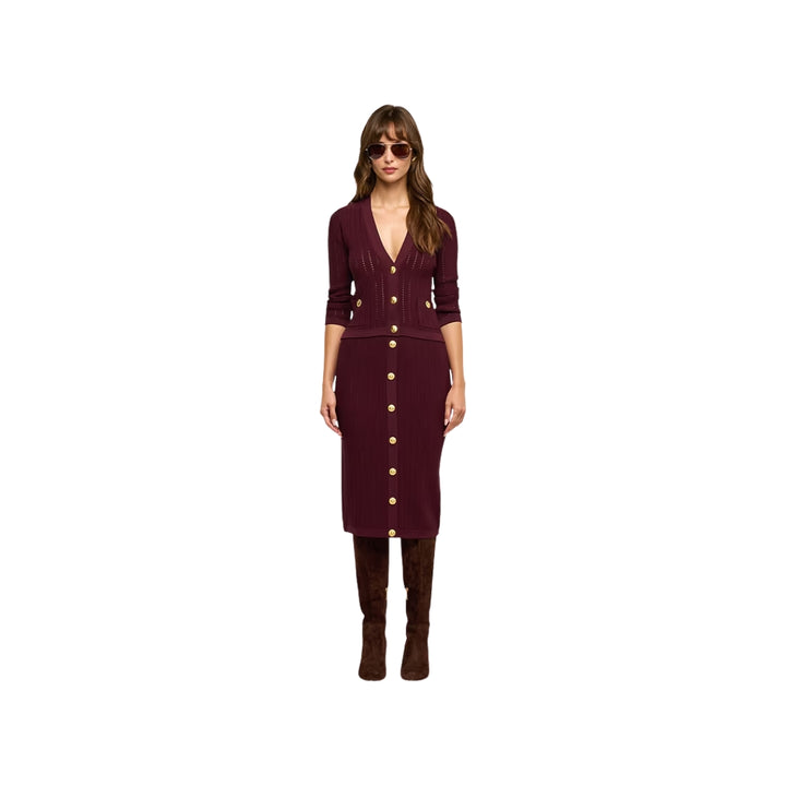 Melania Pointelle Knit Skirt in Deep Port and Gold