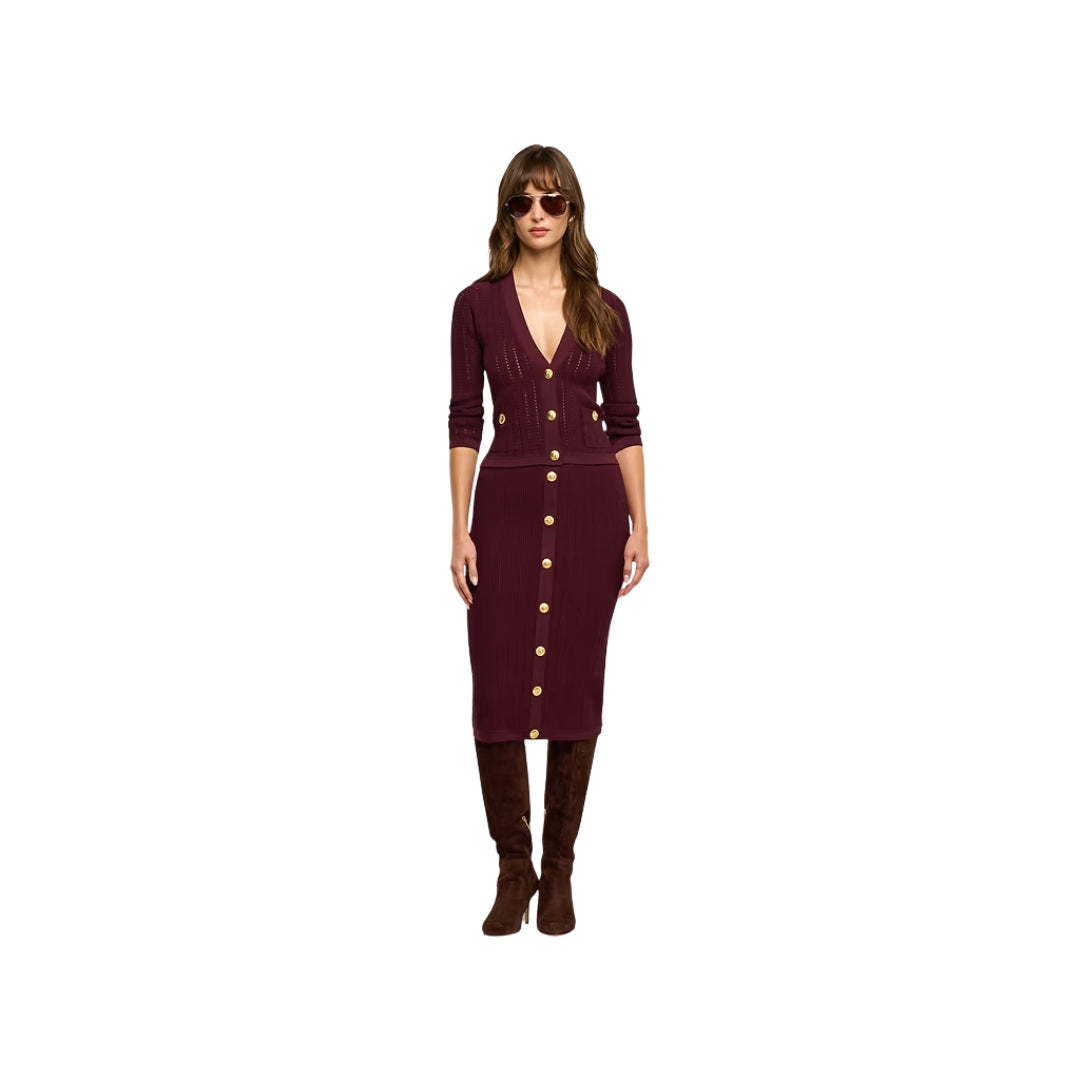 Melania Pointelle Knit Skirt in Deep Port and Gold
