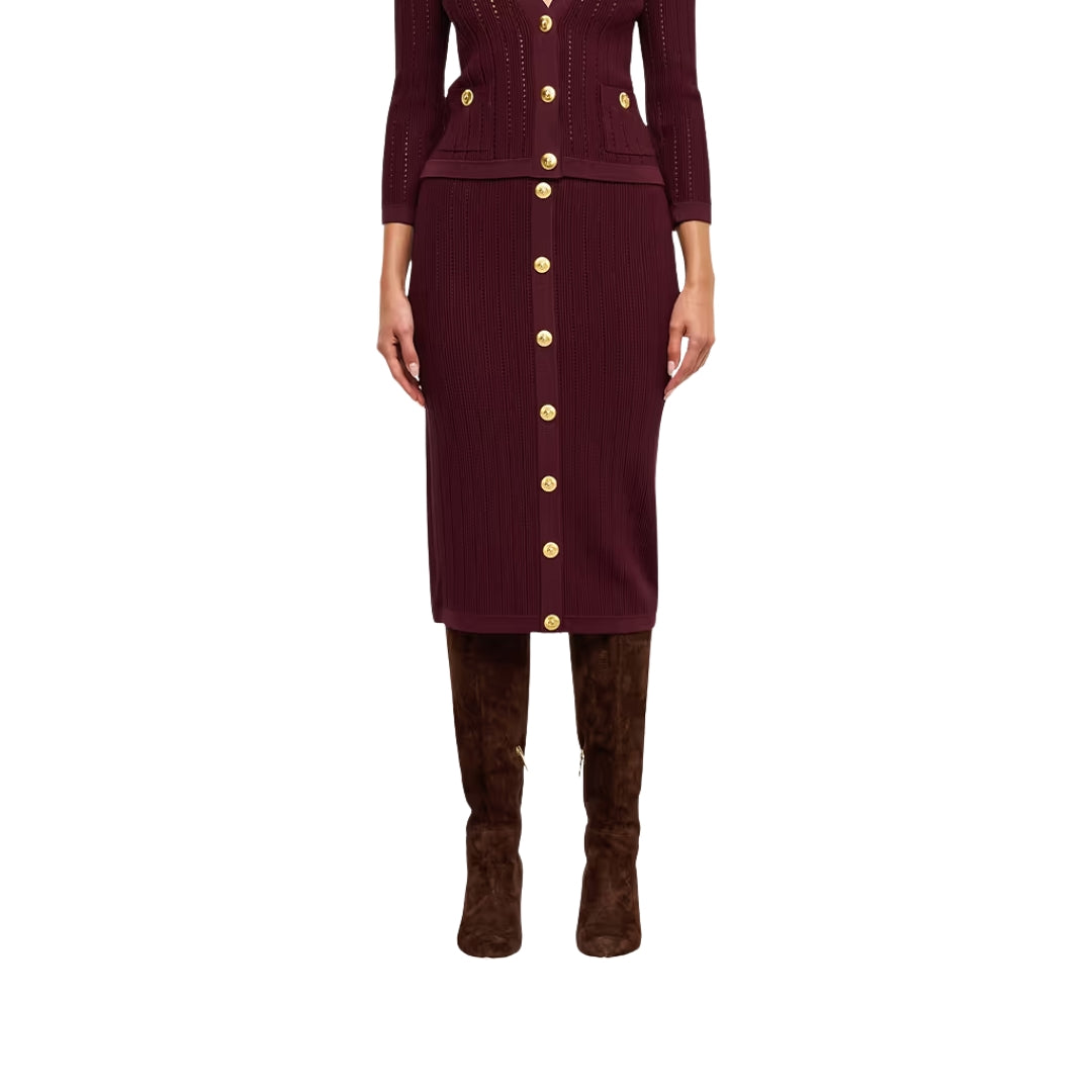Melania Pointelle Knit Skirt in Deep Port and Gold
