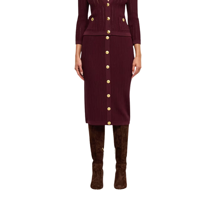 Melania Pointelle Knit Skirt in Deep Port and Gold