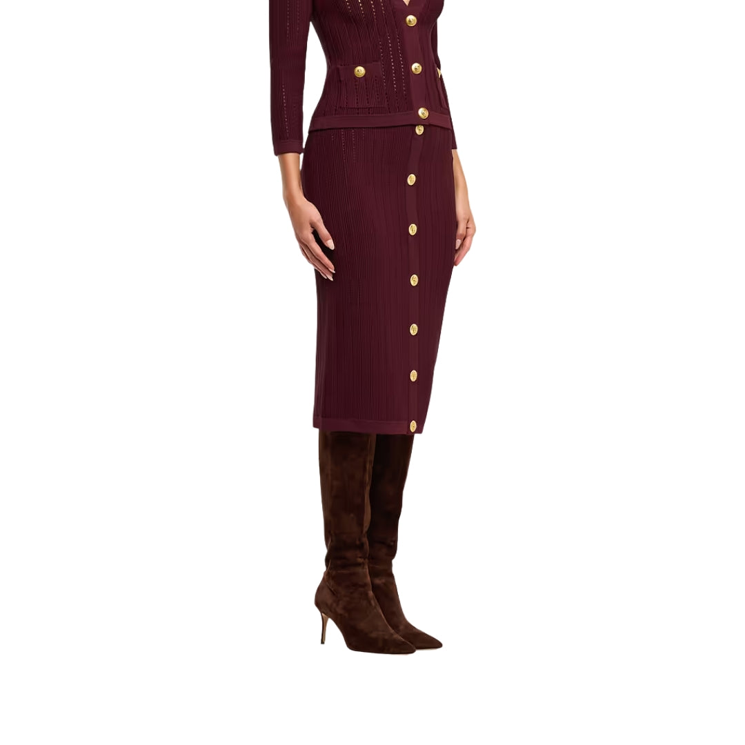 Melania Pointelle Knit Skirt in Deep Port and Gold