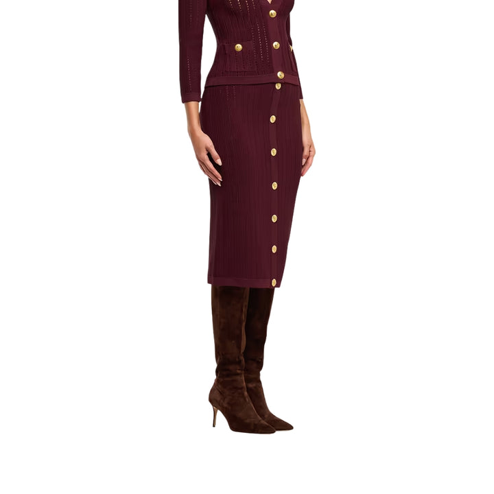 Melania Pointelle Knit Skirt in Deep Port and Gold
