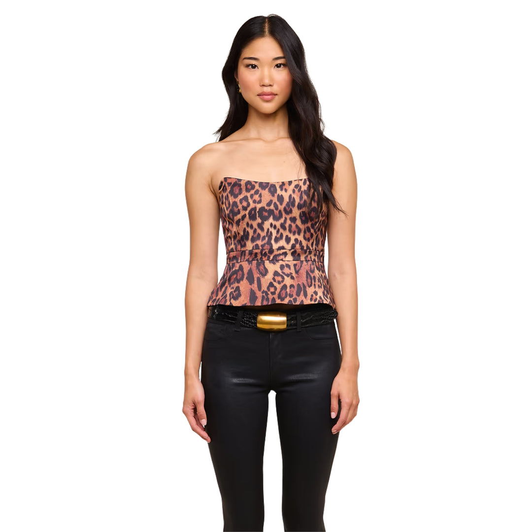 Meloria Corset Peplum Top in Tan Multi Javan Leopard