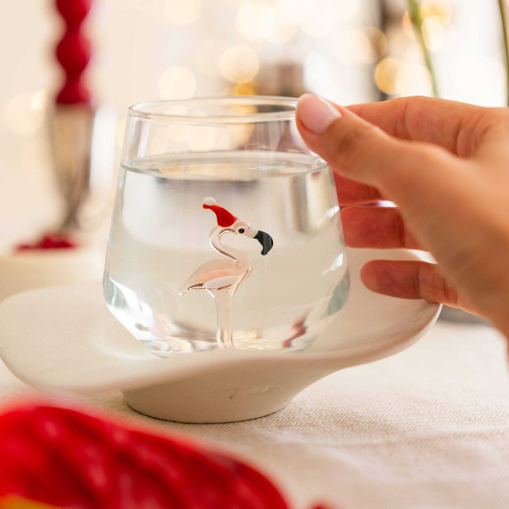 Minizoo Drinking Glass Handmade Christmas Flamingo, front