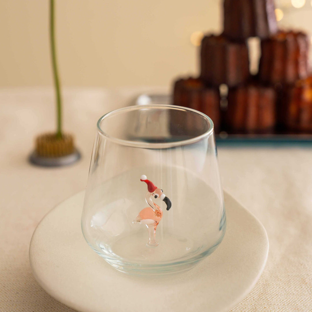 Minizoo Drinking Glass Handmade Christmas Flamingo, front