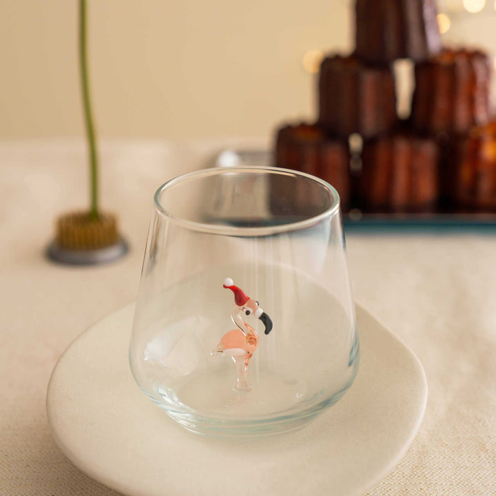 Minizoo Drinking Glass Handmade Christmas Flamingo, front