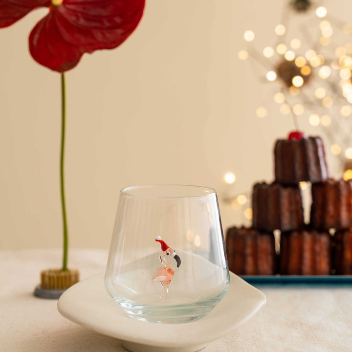 Minizoo Drinking Glass Handmade Christmas Flamingo, front