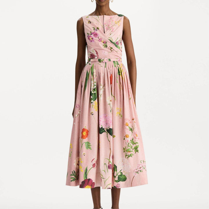 Mixed Botanical Poplin Dress in Blush Multi