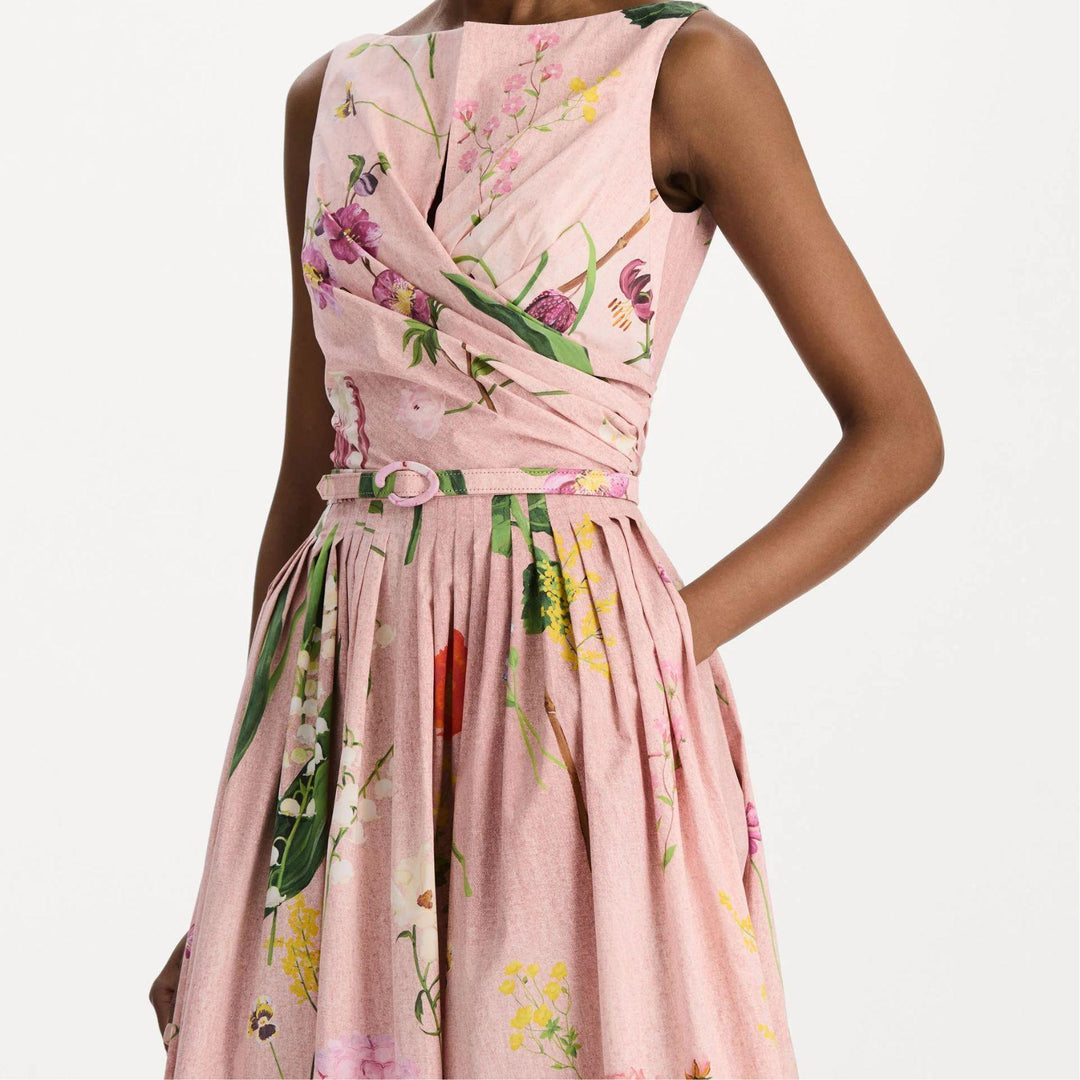 Mixed Botanical Poplin Dress in Blush Multi