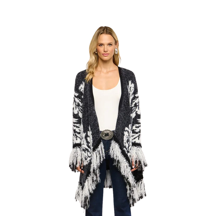 Naiad Jacquard Fringe Cardigan in Black and Ivory