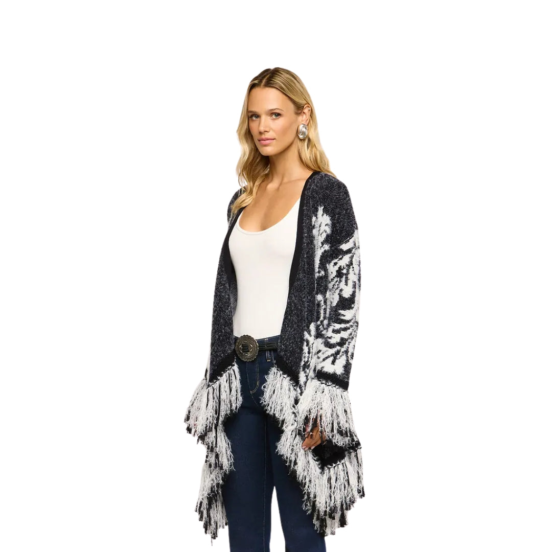 Naiad Jacquard Fringe Cardigan in Black and Ivory