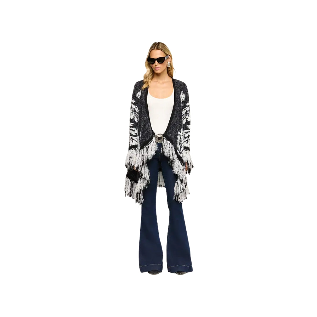 Naiad Jacquard Fringe Cardigan in Black and Ivory