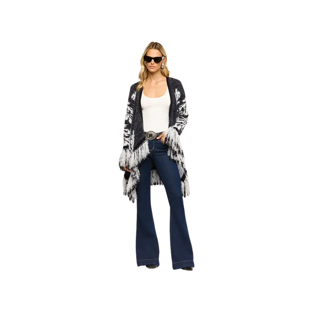 Naiad Jacquard Fringe Cardigan in Black and Ivory
