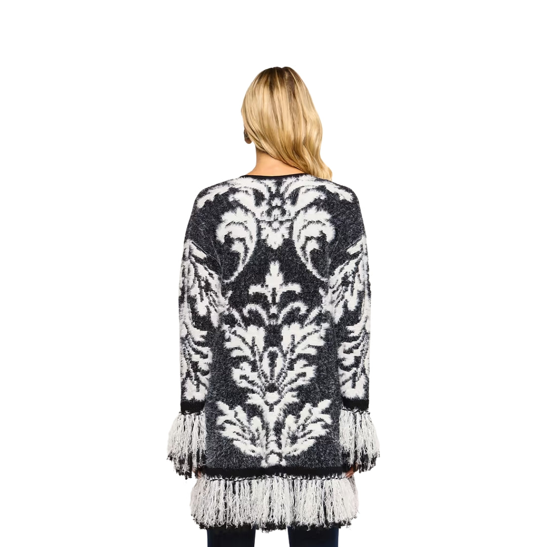 Naiad Jacquard Fringe Cardigan in Black and Ivory