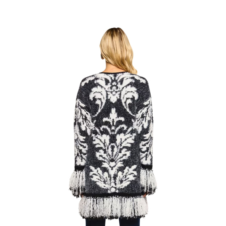 Naiad Jacquard Fringe Cardigan in Black and Ivory
