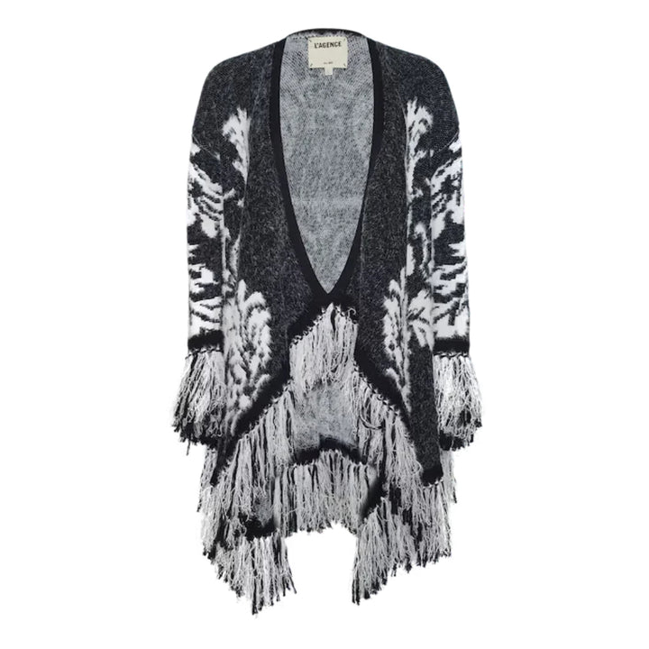 Naiad Jacquard Fringe Cardigan in Black and Ivory