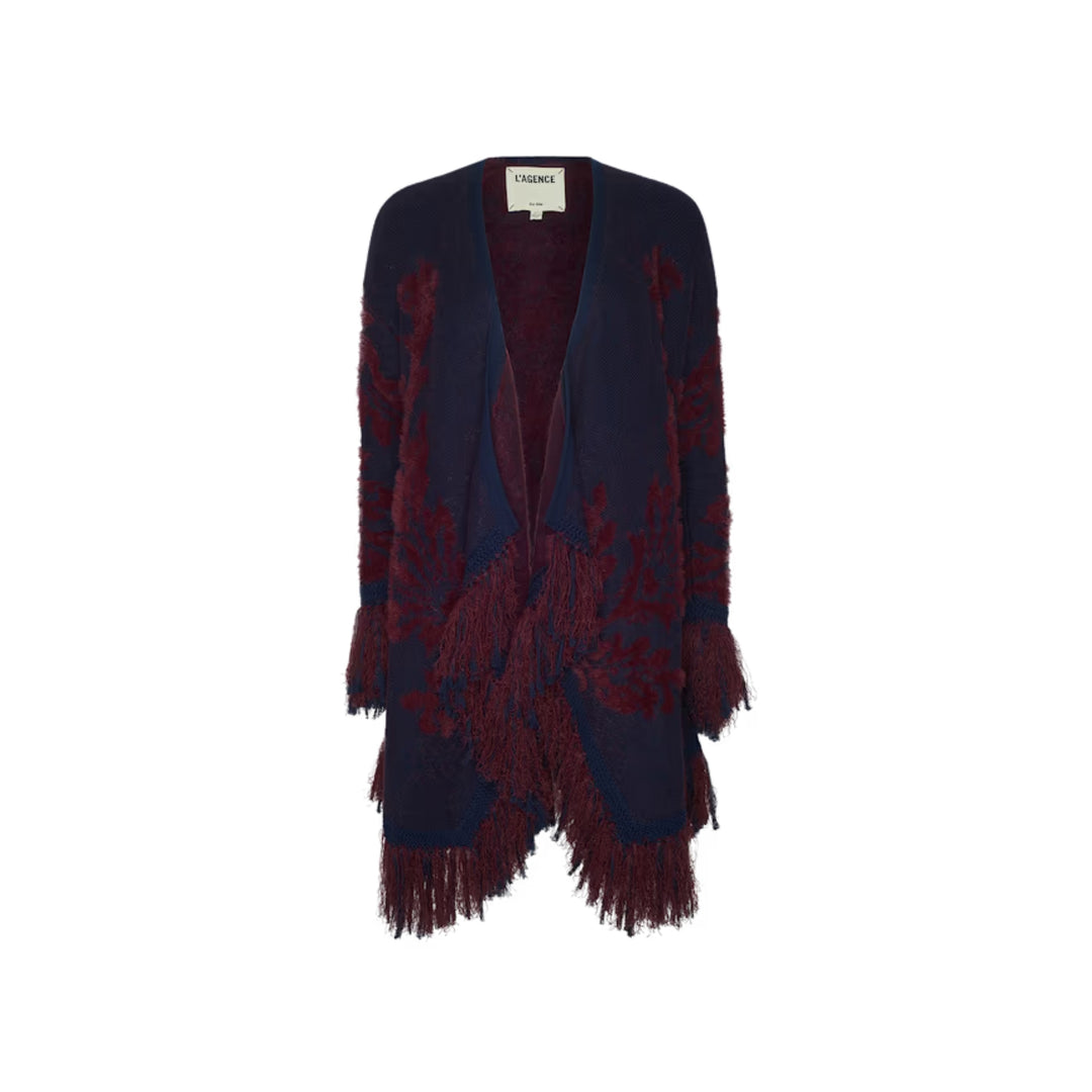 Naiad Jacquard Fringe Cardigan in Midnight/Burgundy Jacquard