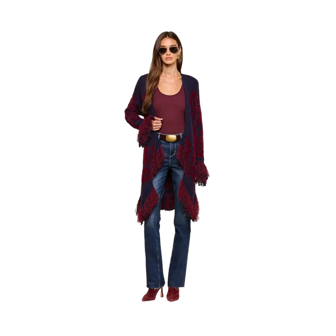 Naiad Jacquard Fringe Cardigan in Midnight/Burgundy Jacquard