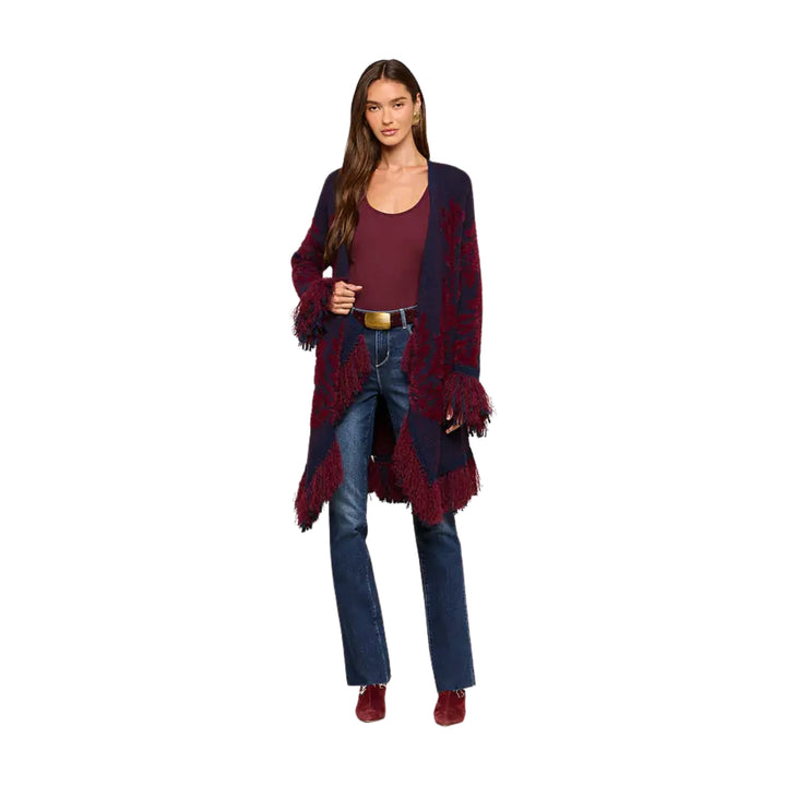 Naiad Jacquard Fringe Cardigan in Midnight/Burgundy Jacquard