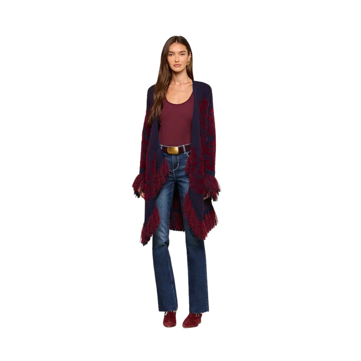 Naiad Jacquard Fringe Cardigan in Midnight/Burgundy Jacquard