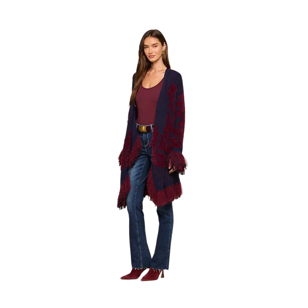 Naiad Jacquard Fringe Cardigan in Midnight/Burgundy Jacquard