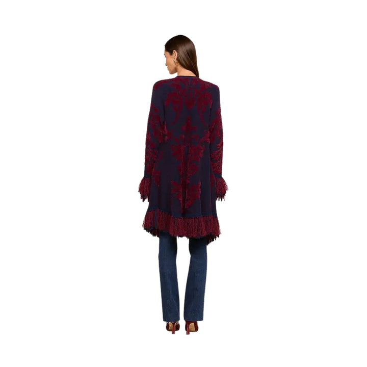 Naiad Jacquard Fringe Cardigan in Midnight/Burgundy Jacquard