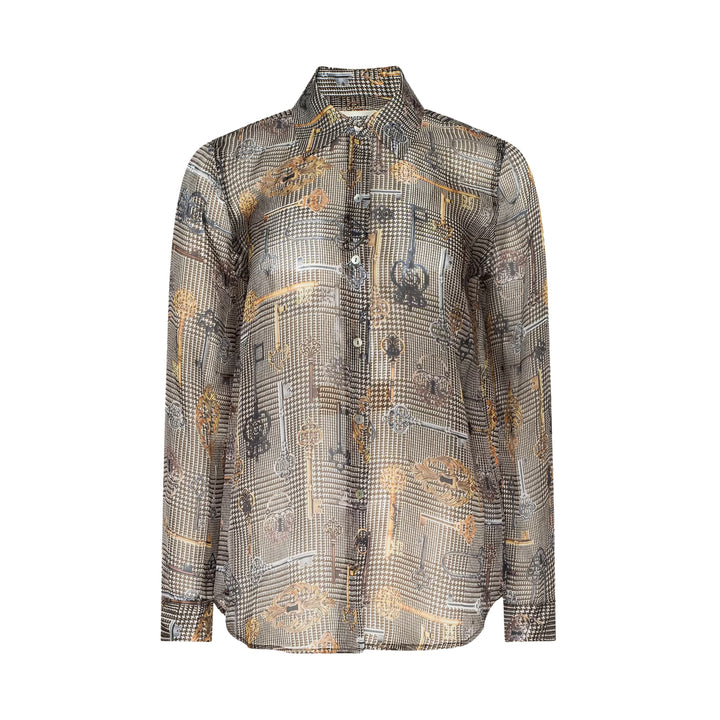 Nina L/S Blouse in Sepia Brown Multi Abstract Swirl