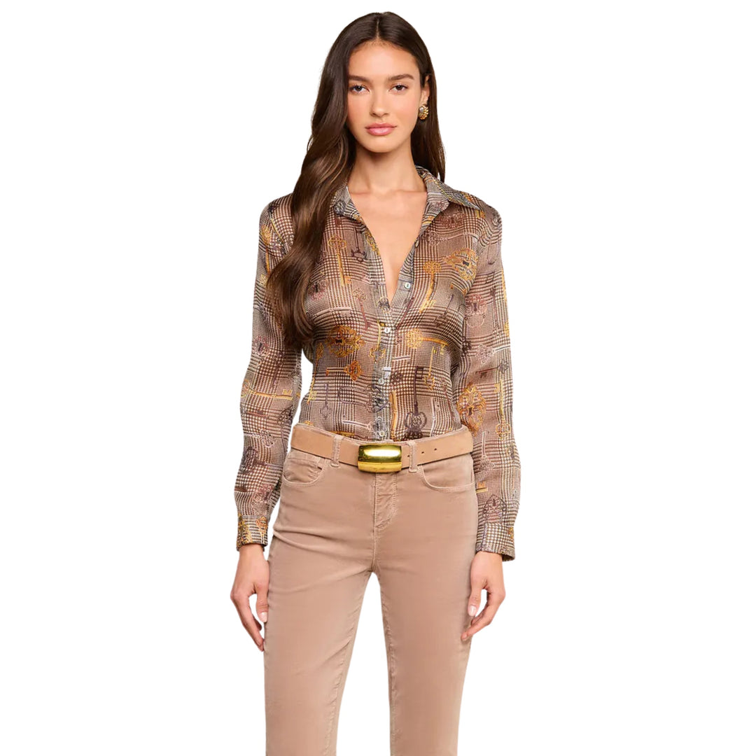 Nina L/S Blouse in Sepia Brown Multi Abstract Swirl