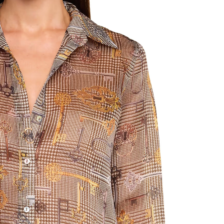 Nina L/S Blouse in Sepia Brown Multi Abstract Swirl