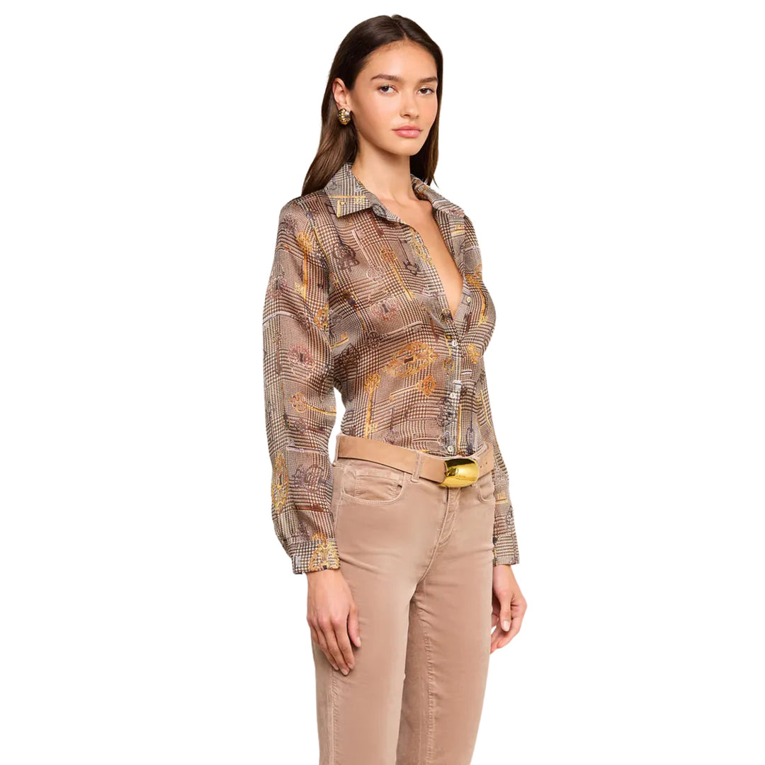 Nina L/S Blouse in Sepia Brown Multi Abstract Swirl