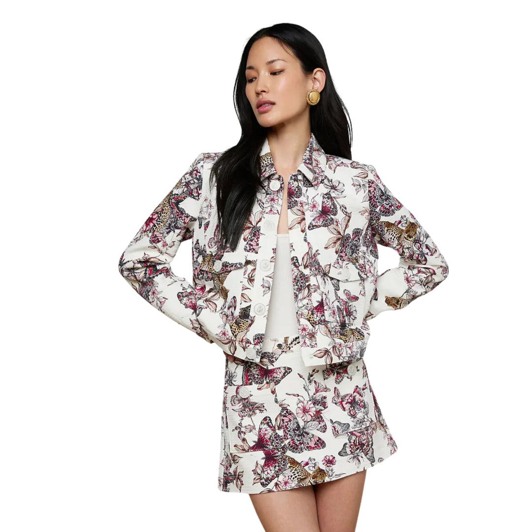 Nyx Crop Jacket in Sepia Brown Multi Abstract Swirl