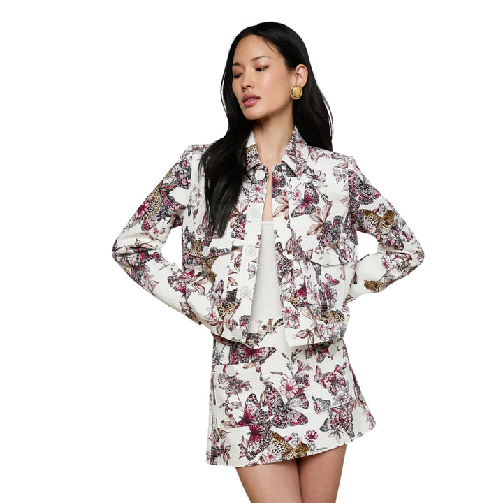 Nyx Crop Jacket in Sepia Brown Multi Abstract Swirl